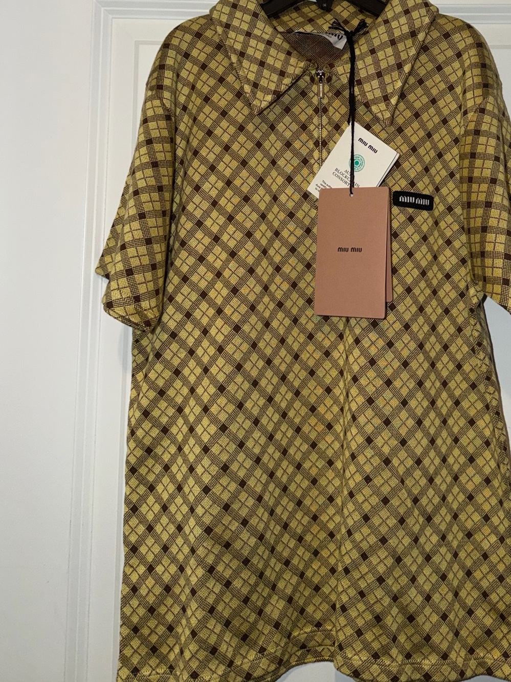 Miu Miu Yellow and Brown Plaid Short-Sleeve Polo